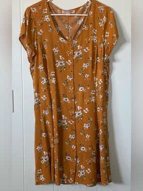 Band of Gypsies SZ XL Mustard Floral Button-Front Dress short sleeve